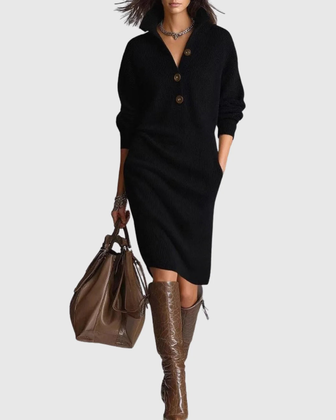 Diana | Women's Ribbed Midi Sweater Dress with Collared V-Neck and Long Sleeves