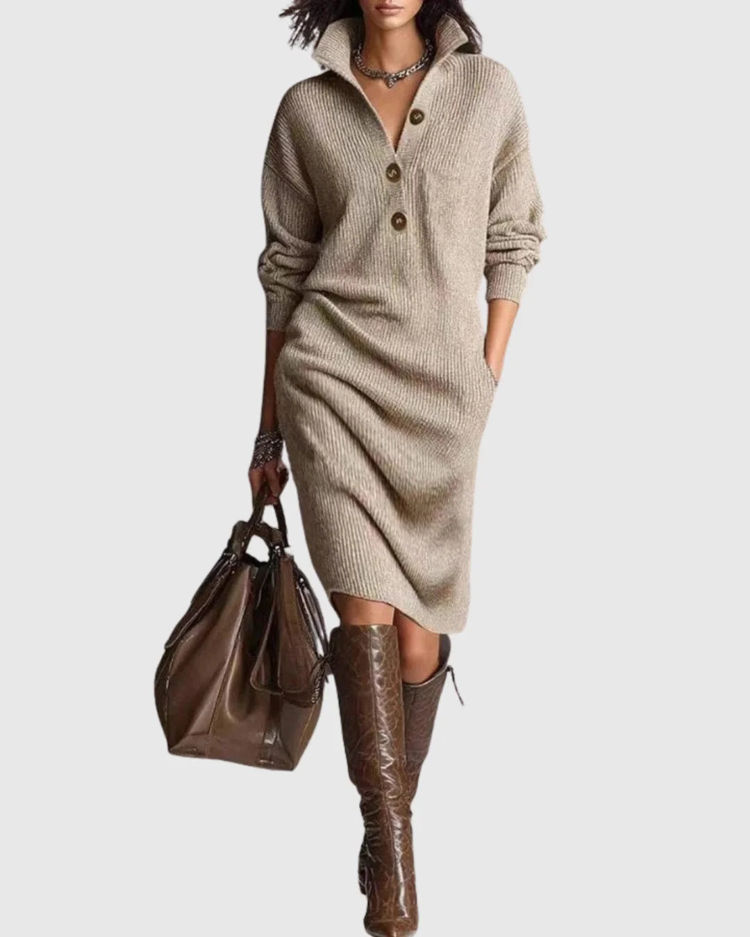 Diana | Women's Ribbed Midi Sweater Dress with Collared V-Neck and Long Sleeves