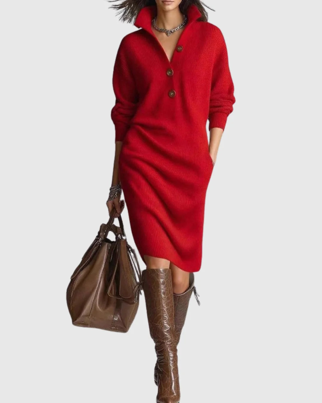 Diana | Women's Ribbed Midi Sweater Dress with Collared V-Neck and Long Sleeves