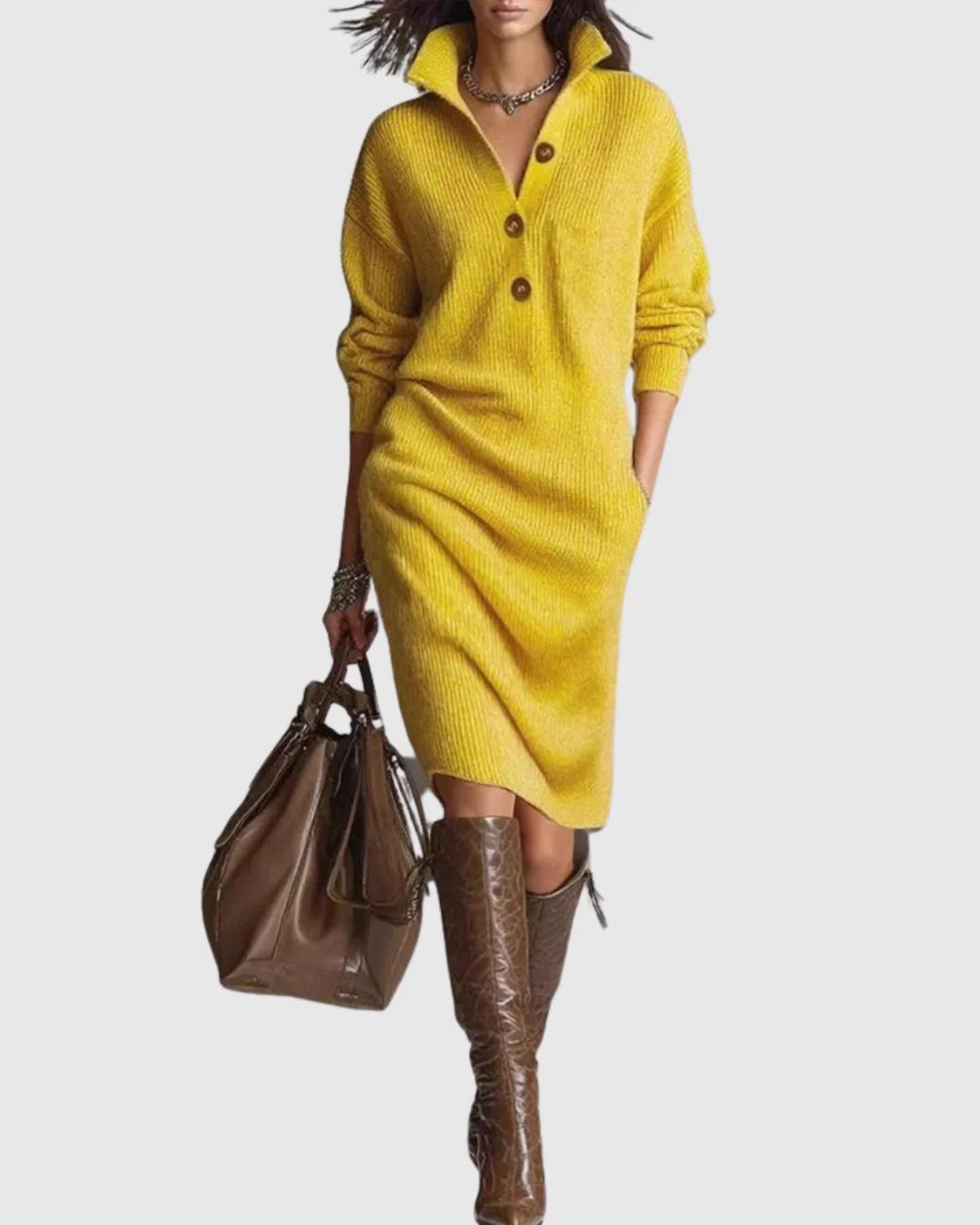 Diana | Women's Ribbed Midi Sweater Dress with Collared V-Neck and Long Sleeves