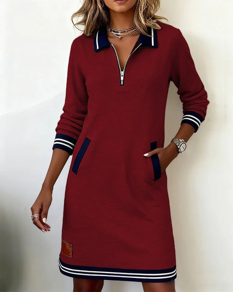 Cora | Women's Long-Sleeve Zip-Neck Polo Dress with Contrast Trim and Side Pockets
