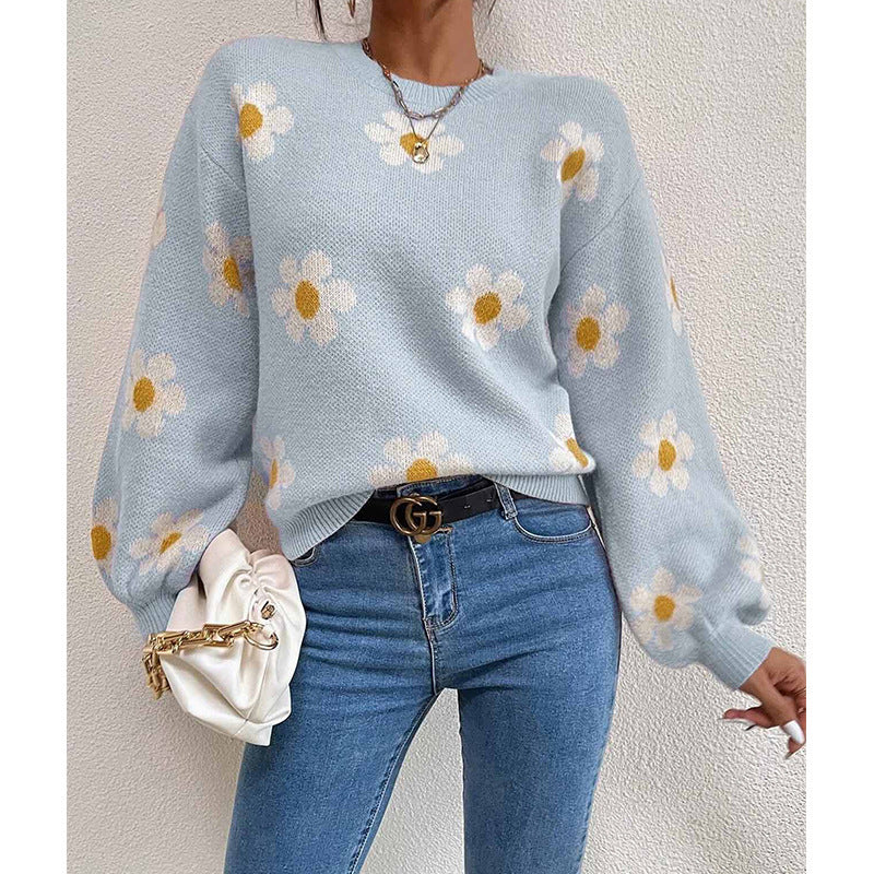 Daisy | Women's Daisy Print Sweater with Puff Sleeves