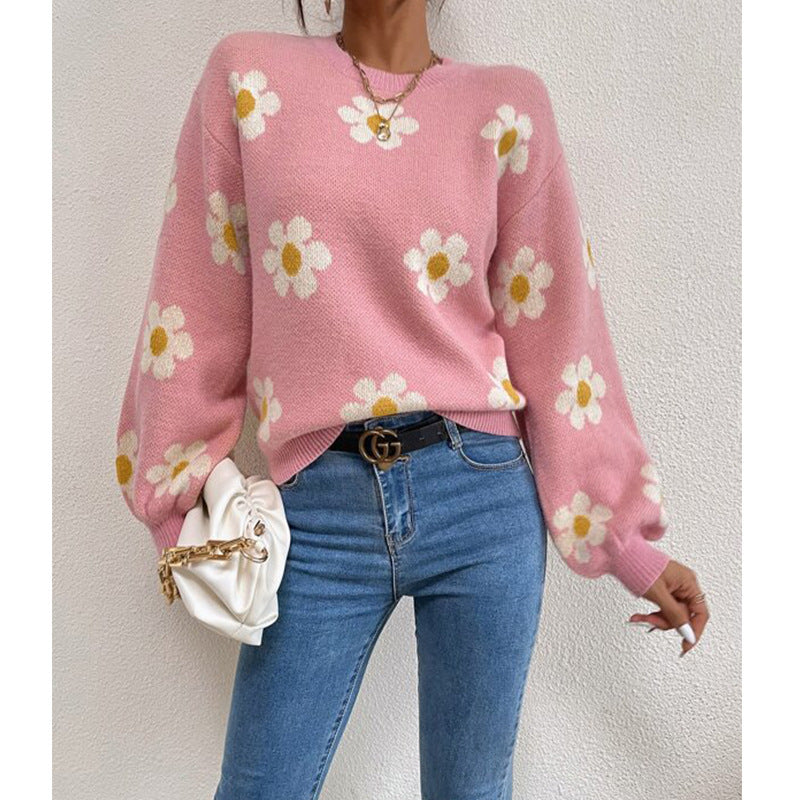 Daisy | Women's Daisy Print Sweater with Puff Sleeves