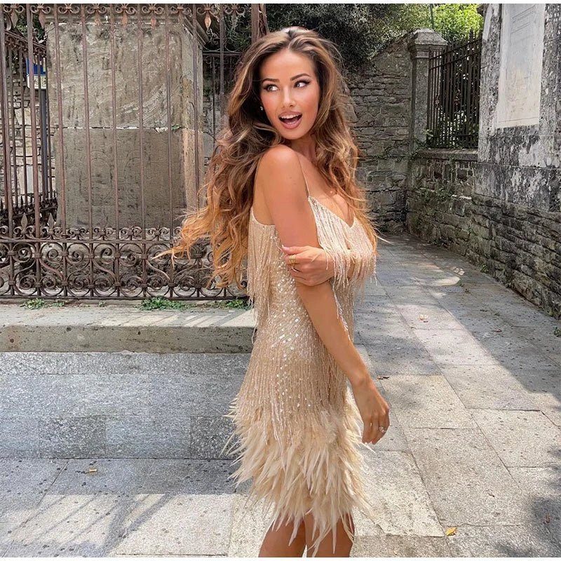 Natalie | Women's Sequin Fringe Mini Cocktail Dress with Feather-Style Hem