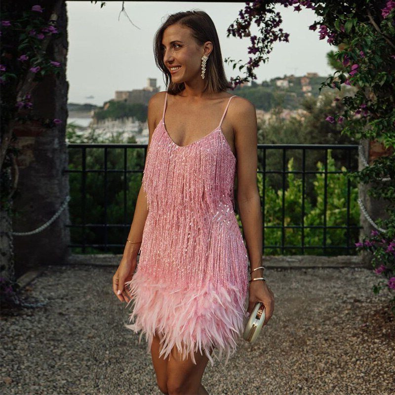Natalie | Women's Sequin Fringe Mini Cocktail Dress with Feather-Style Hem