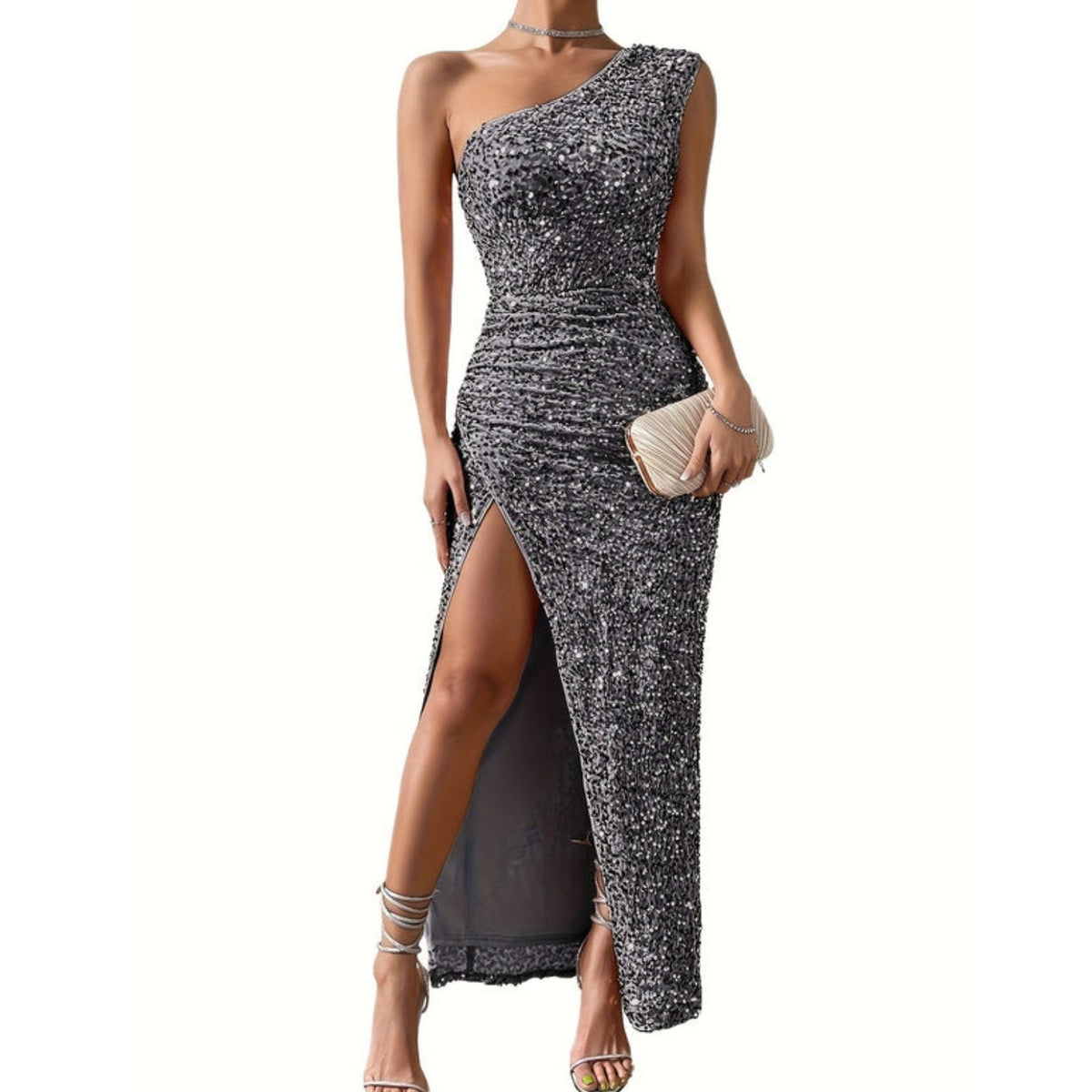 Serena | Women's One-Shoulder Sequin Maxi Evening Dress with High Slit