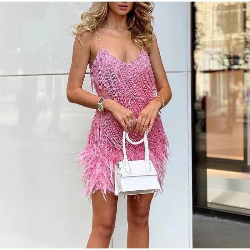 Natalie | Women's Sequin Fringe Mini Cocktail Dress with Feather-Style Hem