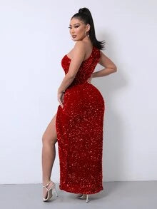 Serena | Women's One-Shoulder Sequin Maxi Evening Dress with High Slit