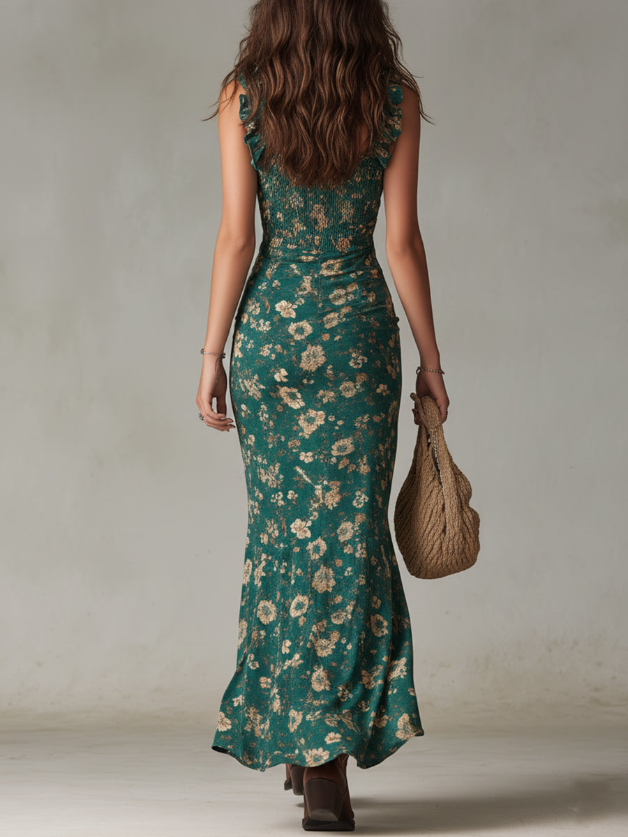 Fiona | Women's Floral Smocked Maxi Dress with Ruffled Straps and High Slit