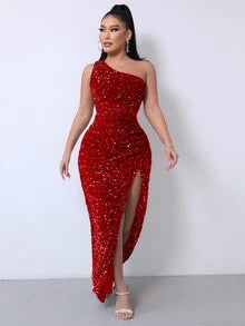 Serena | Women's One-Shoulder Sequin Maxi Evening Dress with High Slit