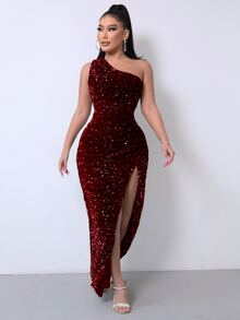 Serena | Women's One-Shoulder Sequin Maxi Evening Dress with High Slit