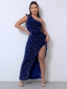 Serena | Women's One-Shoulder Sequin Maxi Evening Dress with High Slit
