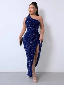 Serena | Women's One-Shoulder Sequin Maxi Evening Dress with High Slit