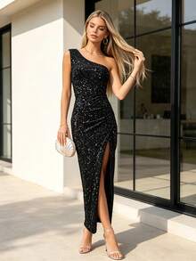 Serena | Women's One-Shoulder Sequin Maxi Evening Dress with High Slit