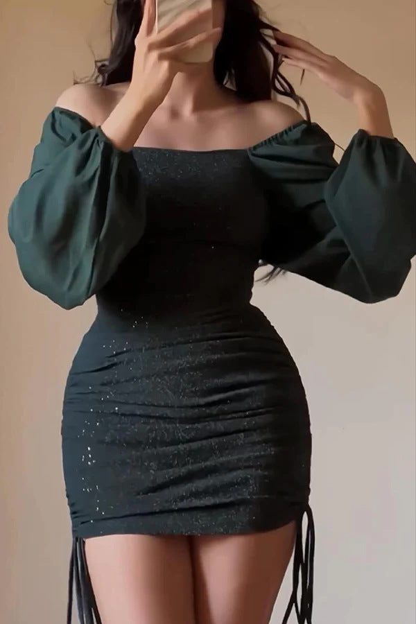 Bianca | Women's Glitter Bodycon Mini Dress with Puff Sleeves and Square Neckline