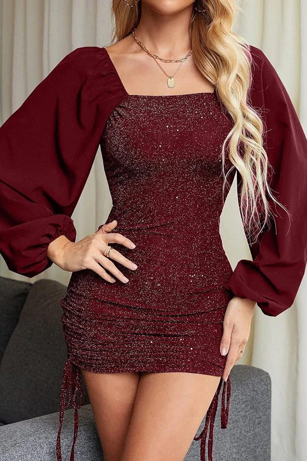 Bianca | Women's Glitter Bodycon Mini Dress with Puff Sleeves and Square Neckline
