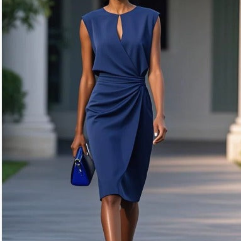 Elise | Women's Ruched Waist Midi Dress with Keyhole Neckline