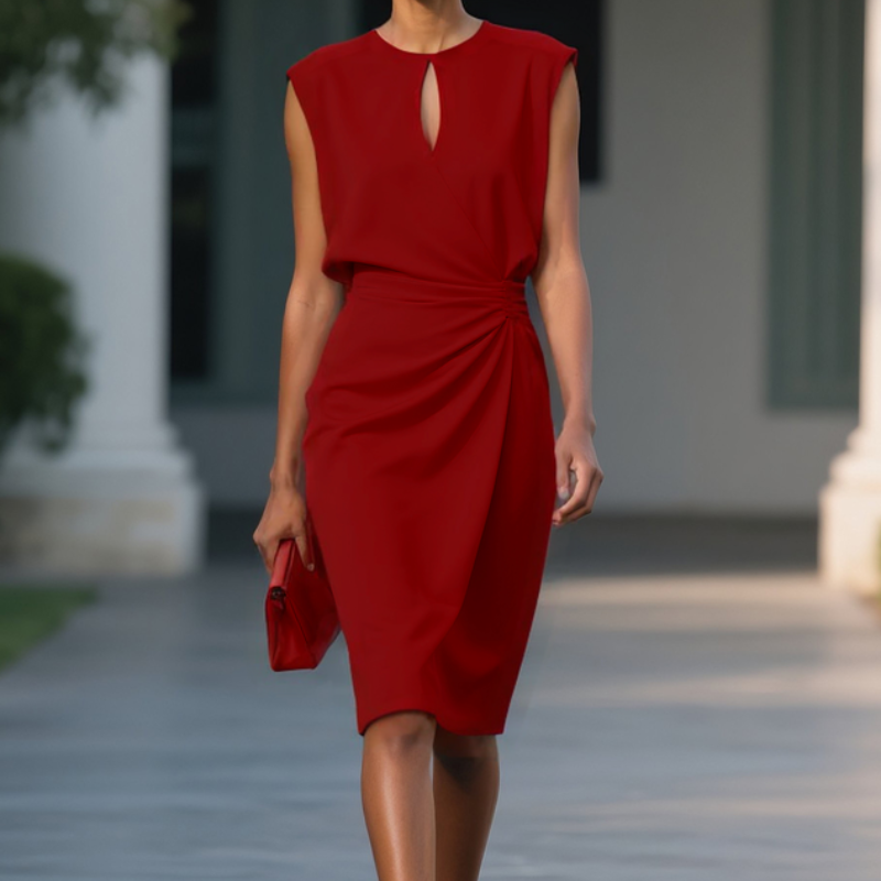 Elise | Women's Ruched Waist Midi Dress with Keyhole Neckline