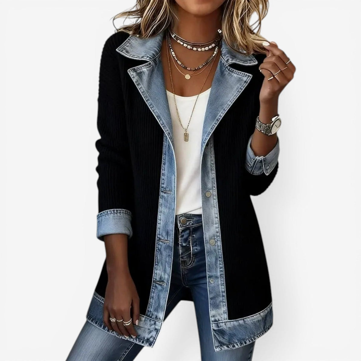 Ellie | Women's Layered Collar Button-Up Jacket with Textured Details