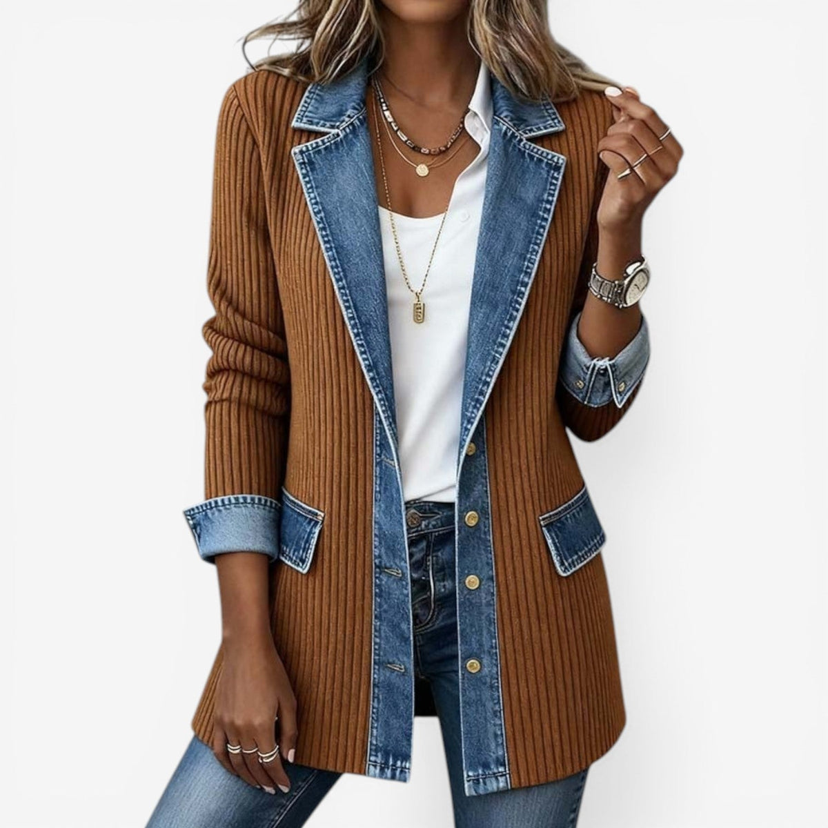 Ellie | Women's Layered Collar Button-Up Jacket with Textured Details