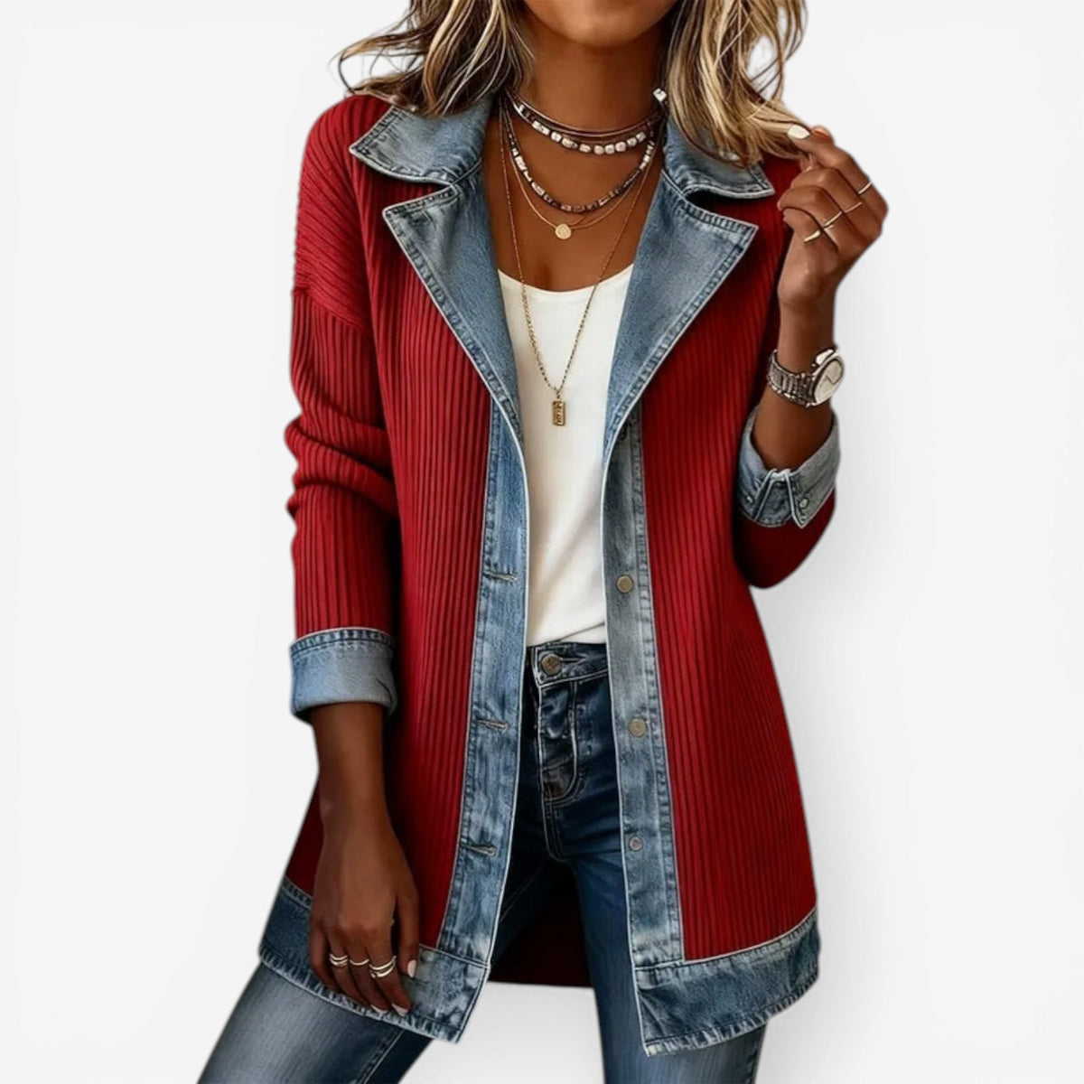 Ellie | Women's Layered Collar Button-Up Jacket with Textured Details