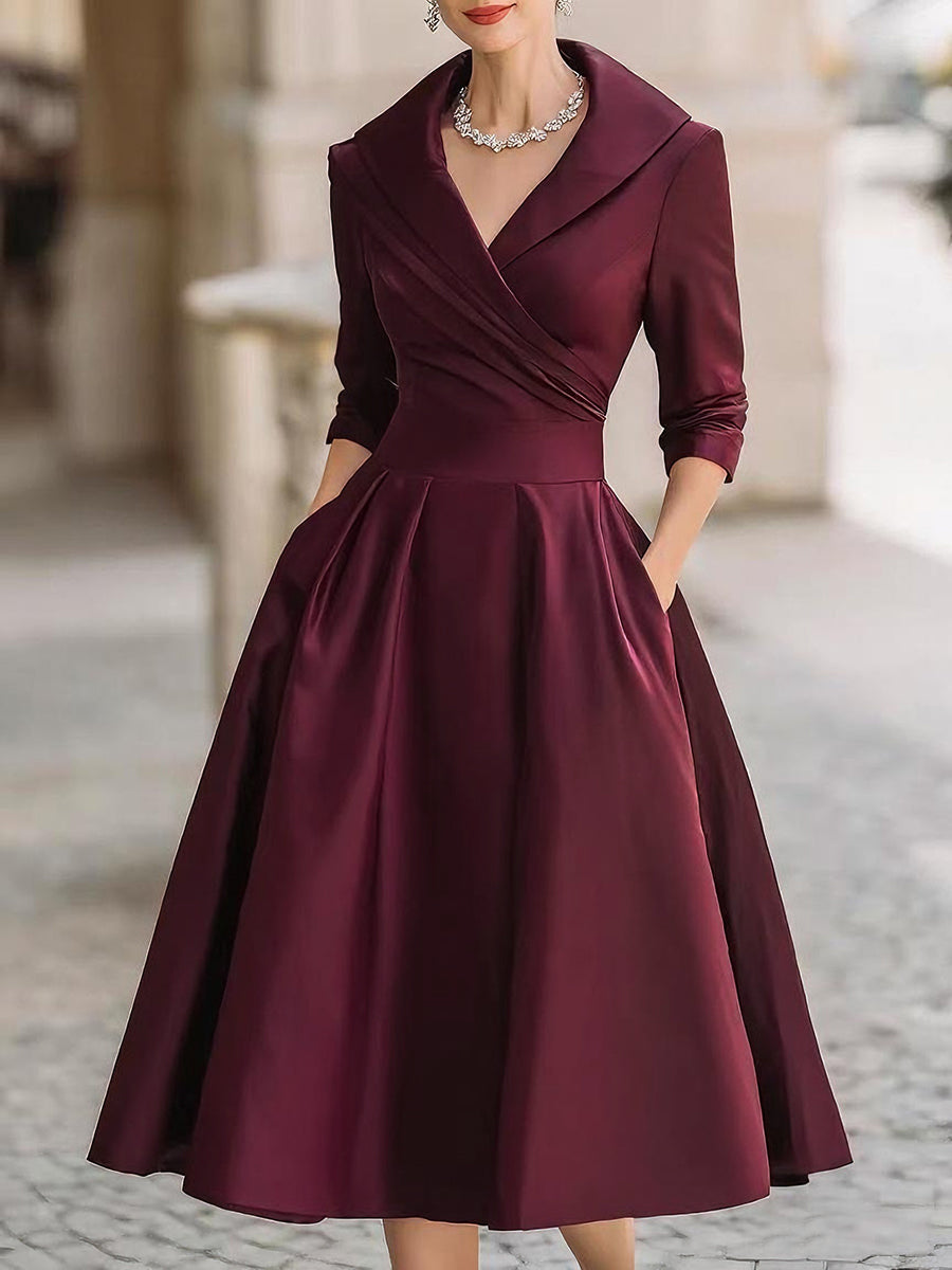 Elvarine | Women's A-Line Midi Dress with Wrap Bodice and Pleated Skirt