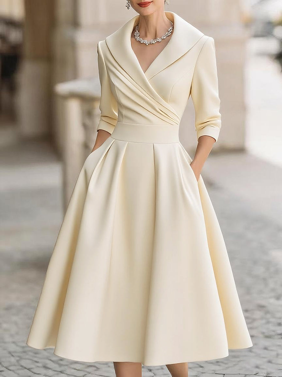 Elvarine | Women's A-Line Midi Dress with Wrap Bodice and Pleated Skirt