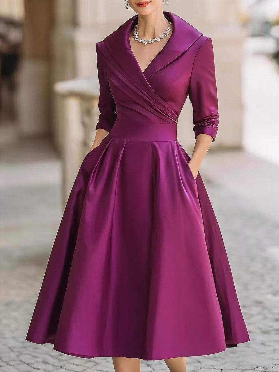 Elvarine | Women's A-Line Midi Dress with Wrap Bodice and Pleated Skirt