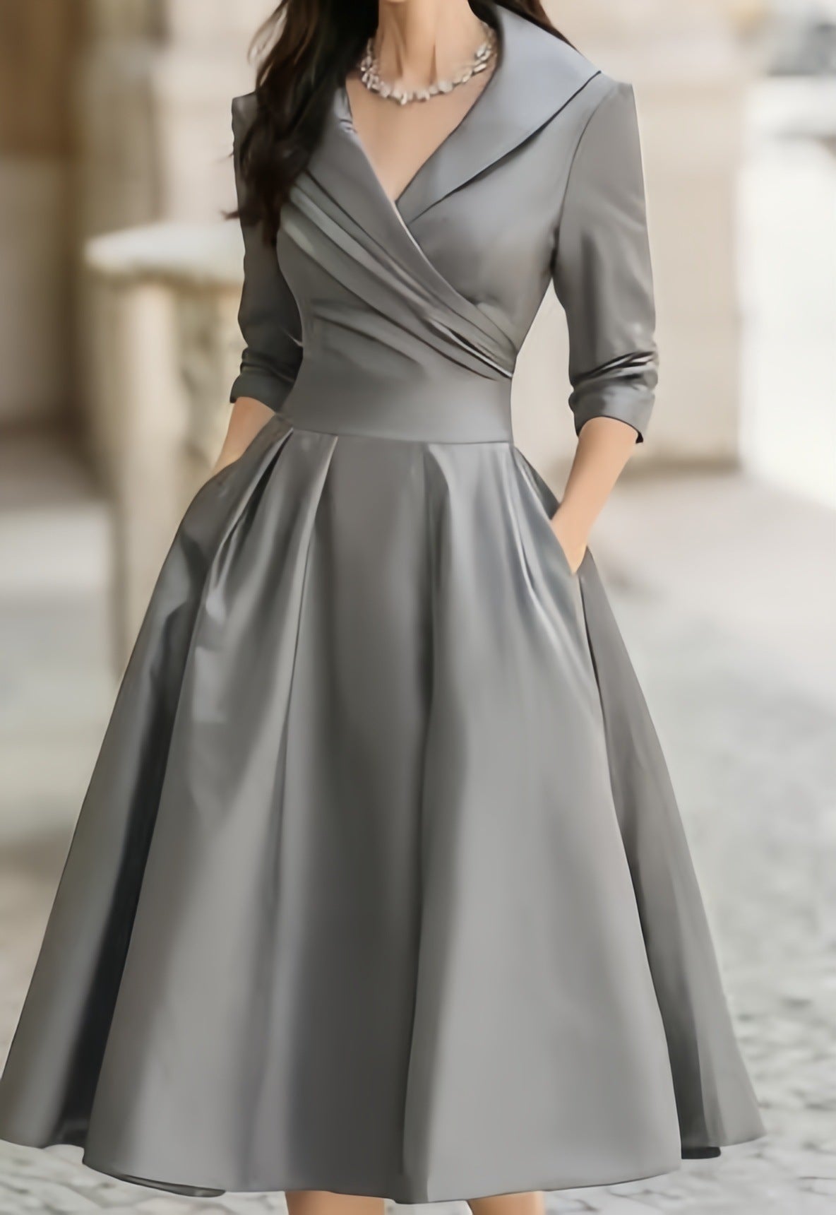 Elvarine | Women's A-Line Midi Dress with Wrap Bodice and Pleated Skirt