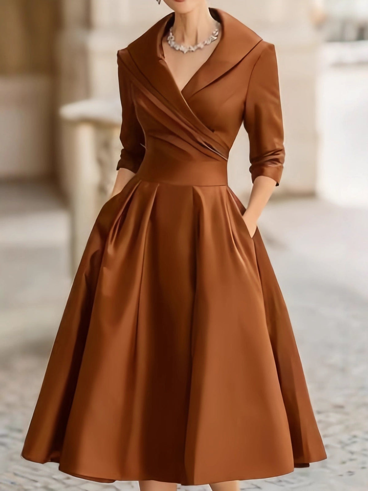 Elvarine | Women's A-Line Midi Dress with Wrap Bodice and Pleated Skirt