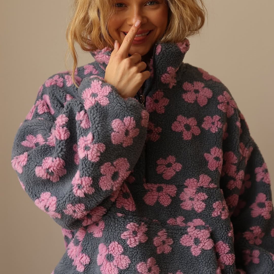 Floravie | Women's Oversized Floral Daisy Jacket with Half-Zip Closure