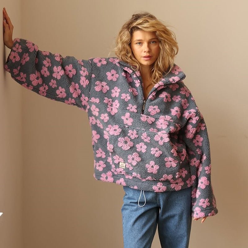 Floravie | Women's Oversized Floral Daisy Jacket with Half-Zip Closure