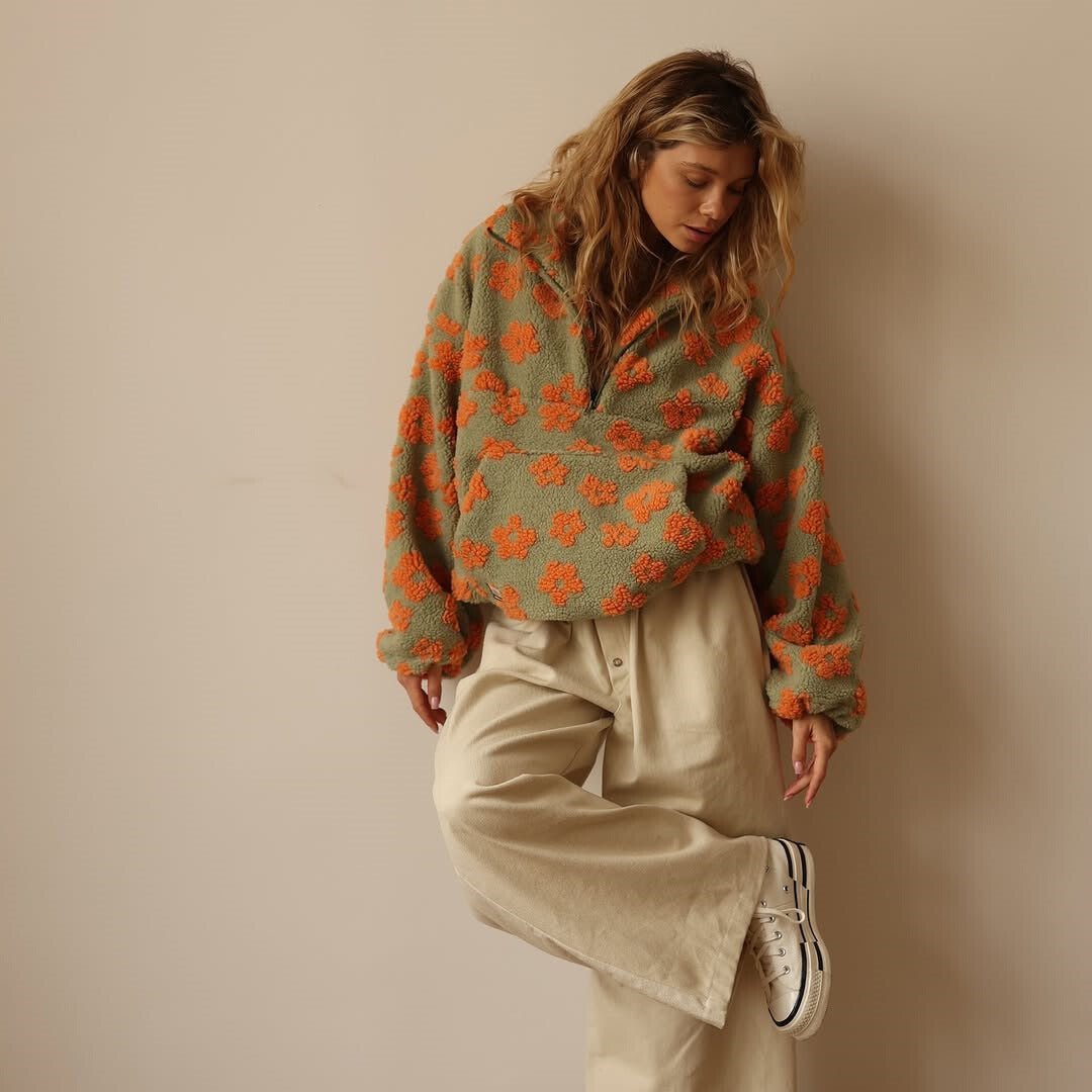 Floravie | Women's Oversized Floral Daisy Jacket with Half-Zip Closure