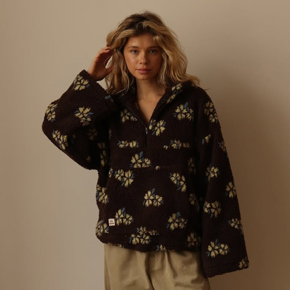 Floravie | Women's Oversized Floral Daisy Jacket with Half-Zip Closure