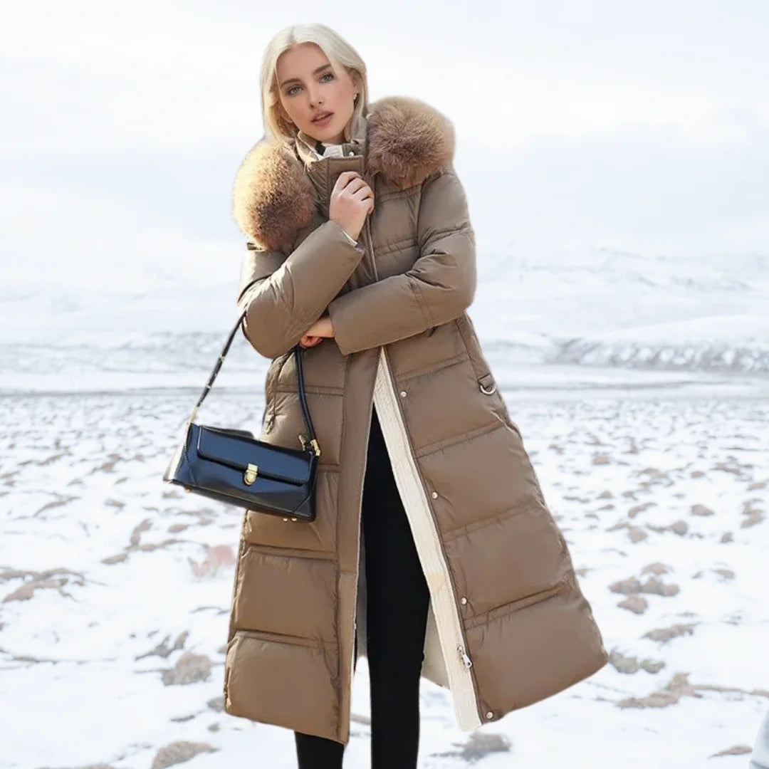 Penelope | Women's Long Quilted Winter Puffer Coat with Fluffy Hood Trim
