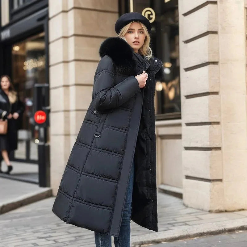 Penelope | Women's Long Quilted Winter Puffer Coat with Fluffy Hood Trim