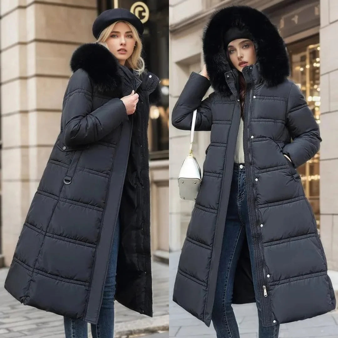 Penelope | Women's Long Quilted Winter Puffer Coat with Fluffy Hood Trim