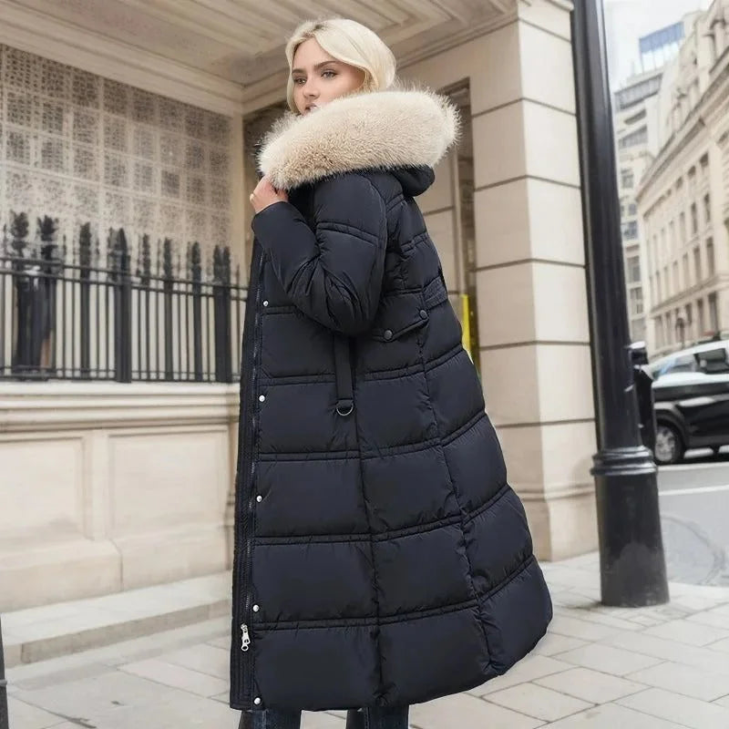 Penelope | Women's Long Quilted Winter Puffer Coat with Fluffy Hood Trim