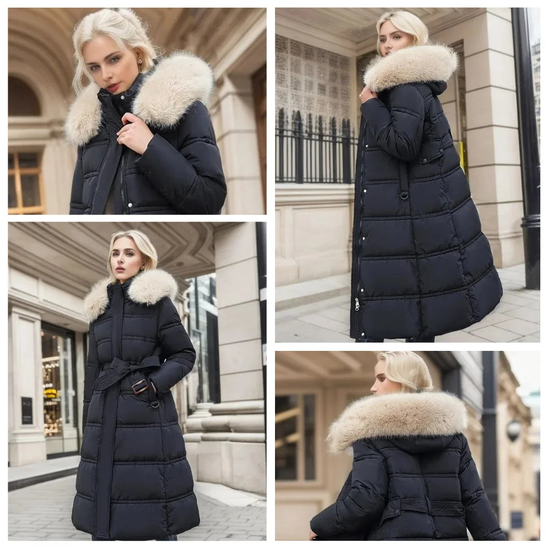 Penelope | Women's Long Quilted Winter Puffer Coat with Fluffy Hood Trim