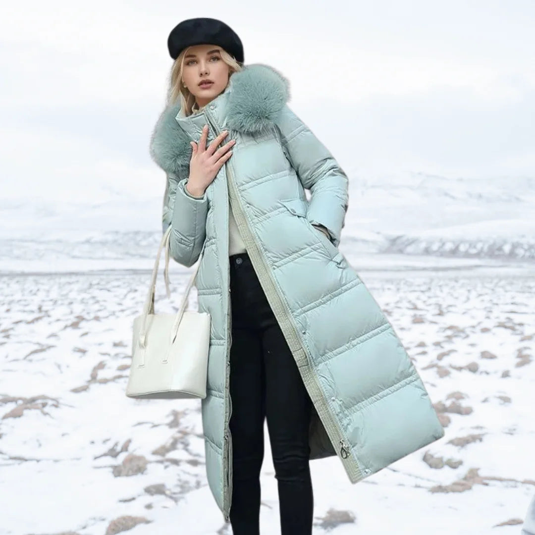 Penelope | Women's Long Quilted Winter Puffer Coat with Fluffy Hood Trim
