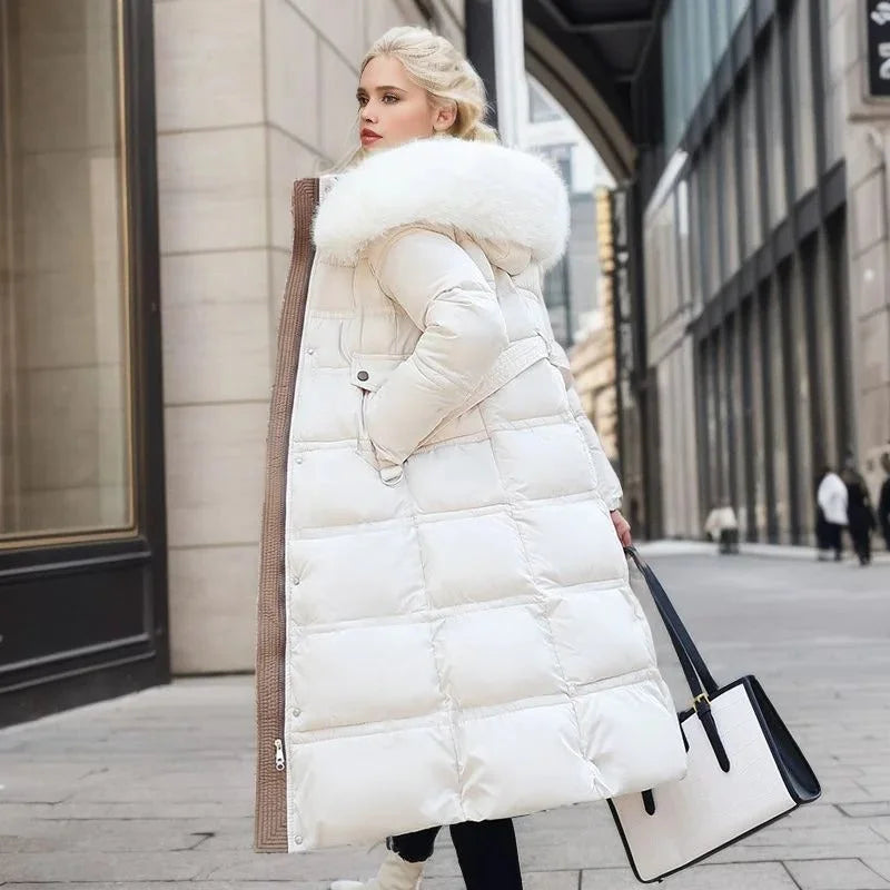 Penelope | Women's Long Quilted Winter Puffer Coat with Fluffy Hood Trim