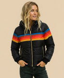 Keira | Women's Hooded Color-Block Puffer Jacket with Retro Stripes and Zip Front