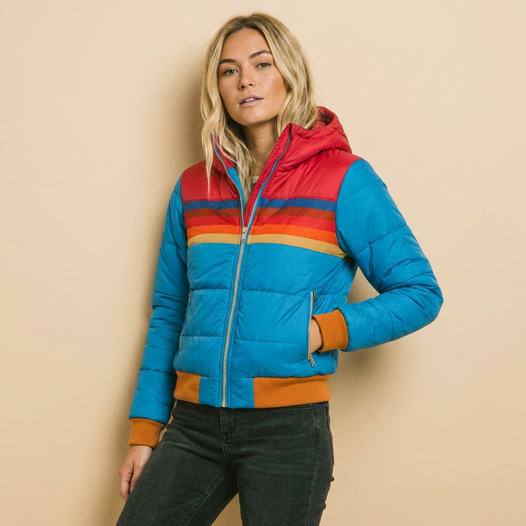 Keira | Women's Hooded Color-Block Puffer Jacket with Retro Stripes and Zip Front