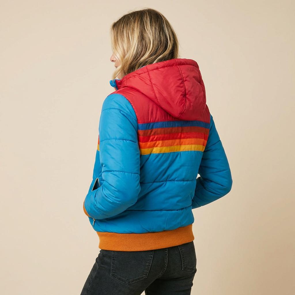 Keira | Women's Hooded Color-Block Puffer Jacket with Retro Stripes and Zip Front