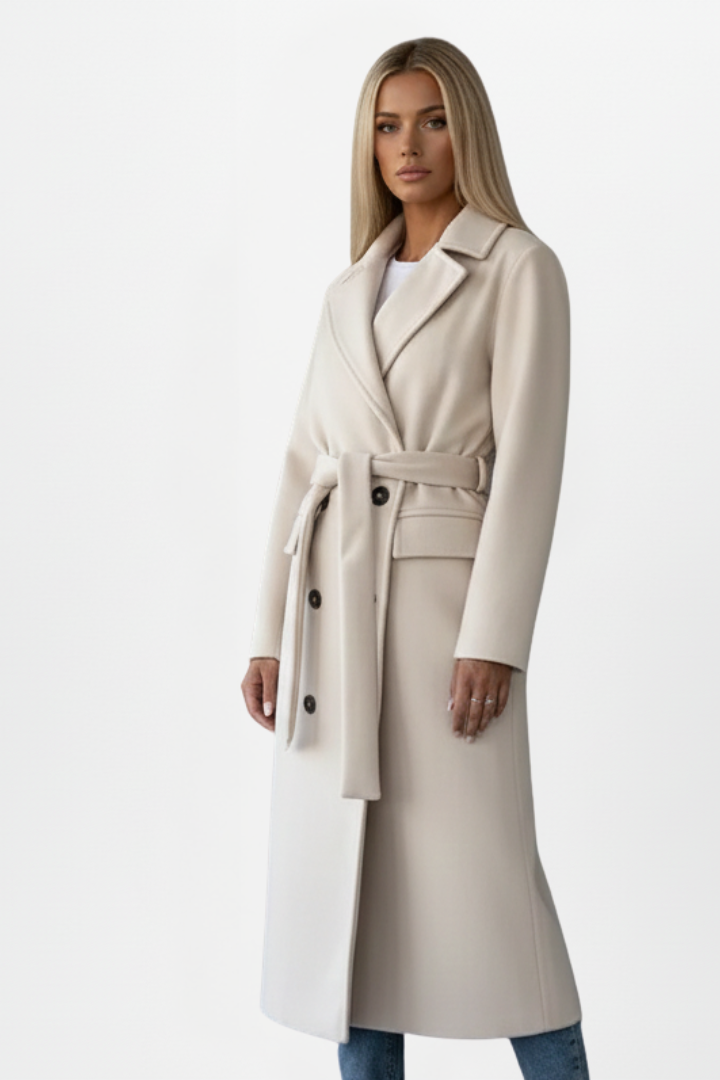Odette | Women's Double-Breasted Long Coat with Tie Waist Belt