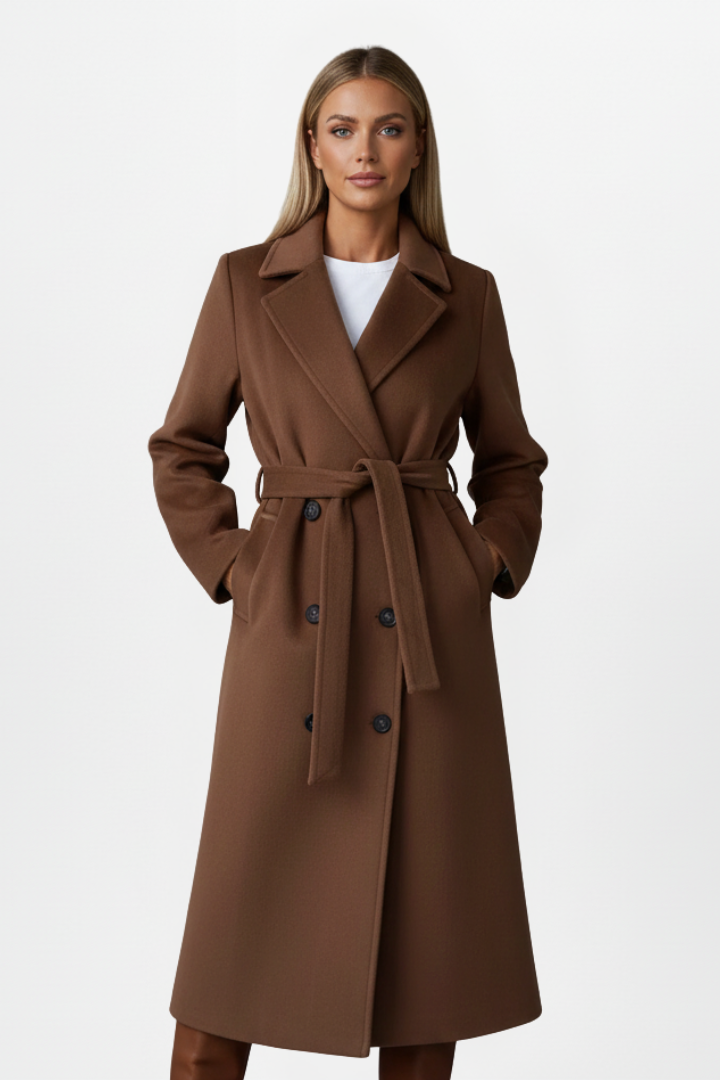 Odette | Women's Double-Breasted Long Coat with Tie Waist Belt