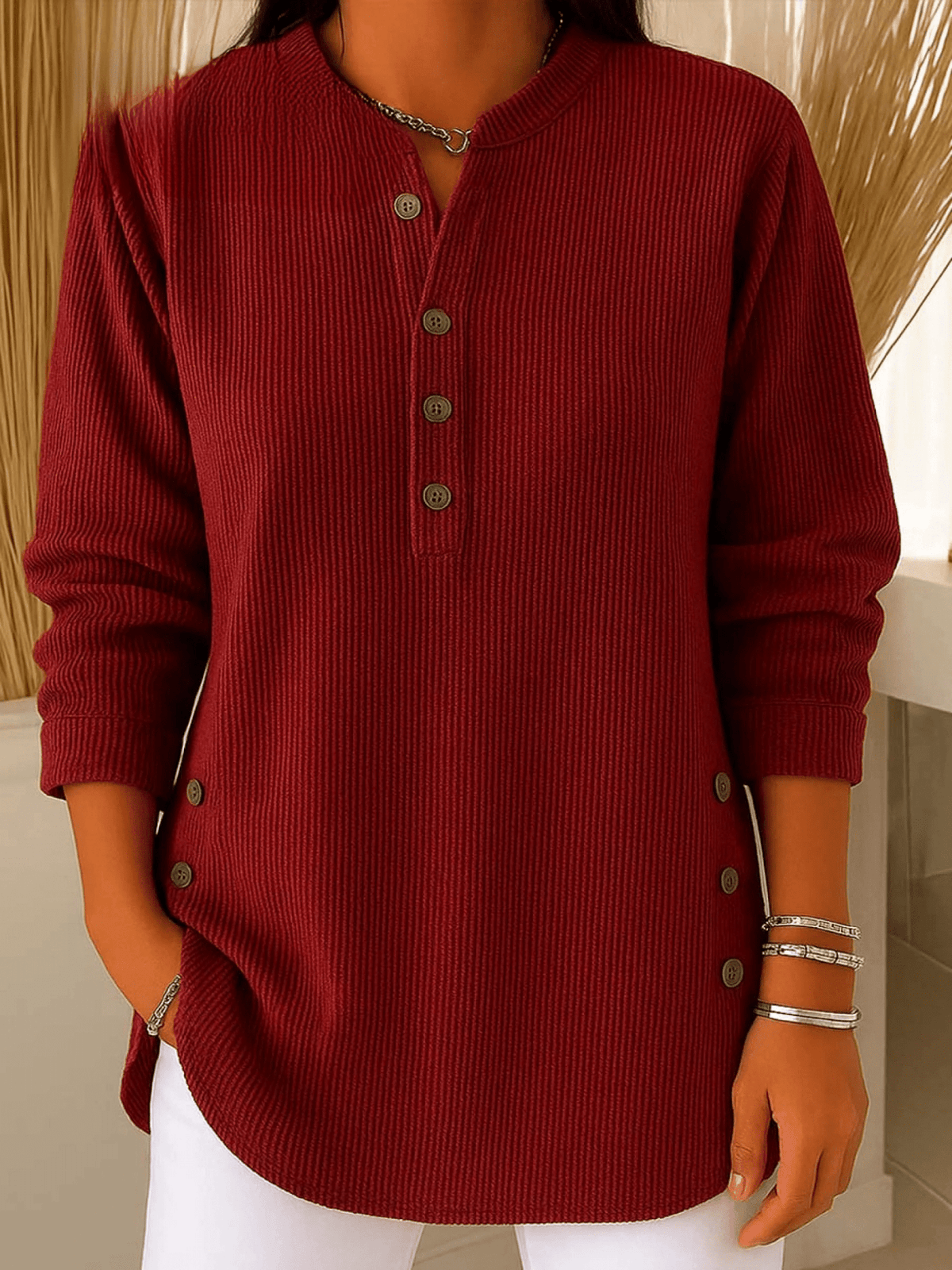 Lunavelle | Women's Ribbed Tunic Top with Henley Neckline and Side Buttons