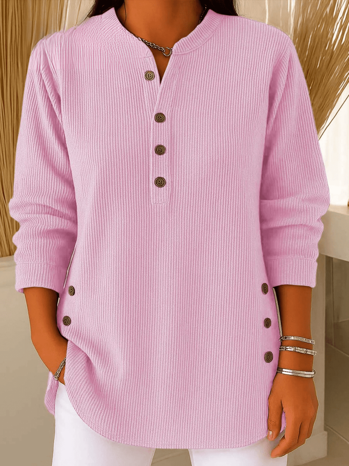 Lunavelle | Women's Ribbed Tunic Top with Henley Neckline and Side Buttons