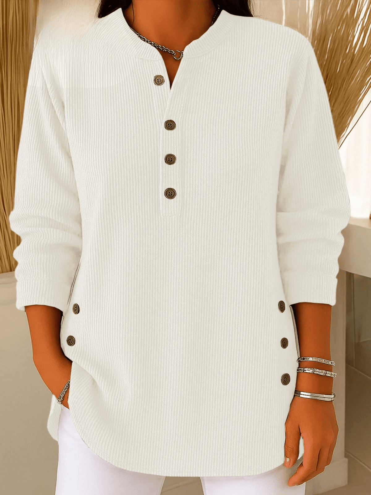 Lunavelle | Women's Ribbed Tunic Top with Henley Neckline and Side Buttons