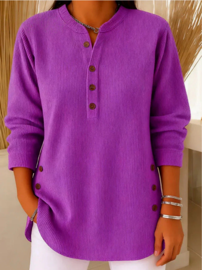 Lunavelle | Women's Ribbed Tunic Top with Henley Neckline and Side Buttons